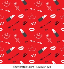 Lipstick nahtlos Muster, handgezeichnete Mode- und Schönheitselemente, Vektorgrafik.
