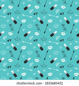 Lipstick seamless pattern, hand drawn fashion and beauty items, vector illustration.
