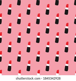 Lipstick seamless pattern, hand drawn fashion and beauty elements, vector illustration.