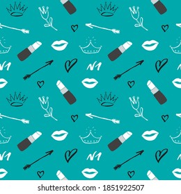 Patrón sin fisuras de lápiz labial, objetos de belleza y moda dibujados a mano, ilustración vectorial.