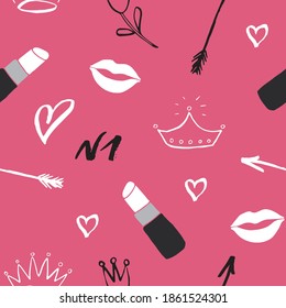 Lipstick seamless pattern, hand drawn fashion and beauty items, vector illustration.