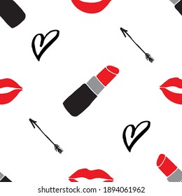 Lipstick seamless pattern, hand drawn fashion and beauty elements, vector illustration.