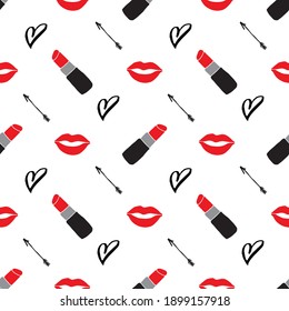 Patrón sin fisuras de lápiz labial, elementos de belleza y moda dibujados a mano, ilustración vectorial.