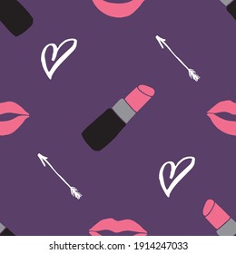 Lipstick seamless pattern, hand drawn fashion and beauty elements, vector illustration.