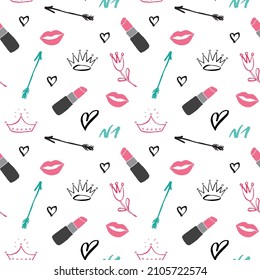 Patrón sin fisuras de lápiz labial, objetos de belleza y moda dibujados a mano, ilustración vectorial.