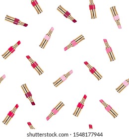 Lipstick seamless pattern isolated on white background. Red, pink, wine lipsticks. Vector hand drawn illustration.