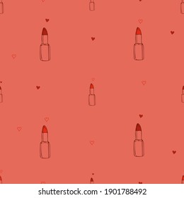 Lipstick seamless pattern monochrome. Drawing of lipstick and hearts. Vector. Fashion. Design elements. The beauty. Women's Day.