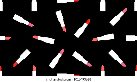 Lipstick seamless pattern on black background Background of lipsticks in a flat style. Makeup beauty background, vector illustration