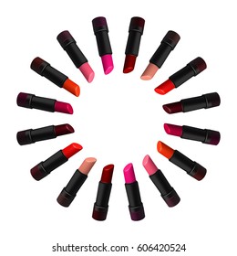 Lipstick set arranged in a circle on white background. Beauty and fashion illustration. Vector created with gradient mesh.
