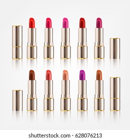 Lipstick set with different colors in packaging design cosmetics mock-up realistic style isolated on white background