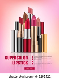 Lipstick set in different shades, open tube, matte and glossy luxury supercolor, wellness and beauty concept, isolated on bright red and rose background realistic vector illustration