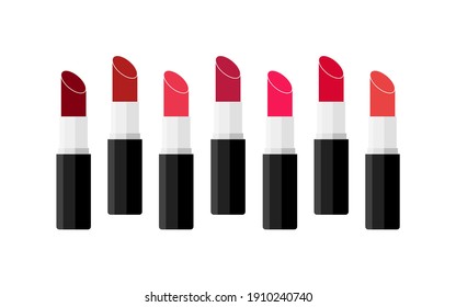 Conjunto de labios con colores diferentes. Ilustración plana vectorial. Paleta de lápiz labial mate. Elaborar productos cosméticos. Colección de lápiz labial en el embalaje negro sobre fondo blanco.