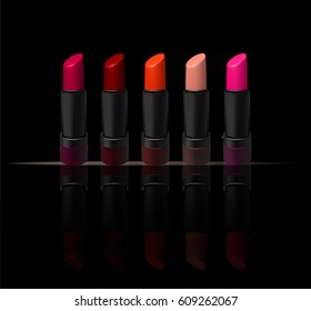 Lipstick set on black background. Beauty and fashion illustration. Vector created with gradient mesh.