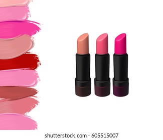 Lipstick set on white background and pink red and purple smears palette. Beauty and fashion illustration. Vector created with gradient mesh.