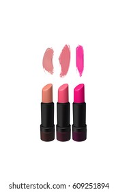Lipstick set on white background and pink red and purple smears. Beauty and fashion illustration. Vector created with gradient mesh.