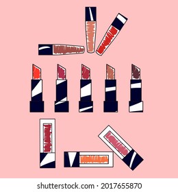 Juego de lápiz labial. Ilustraciones originales de varillas vectoriales multicolores para tiendas de cosméticos, carteles, impresiones.