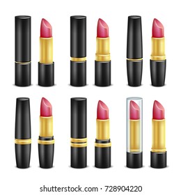 Lipstick Set Vector. Black And Golden Tubes. Isolated On White Illustration