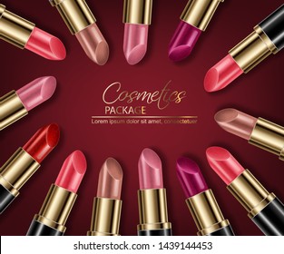 Lipstick sets mock up Vector realistic. 3D illustration advertising poster promoting makeup premium products. Package design. Color sample