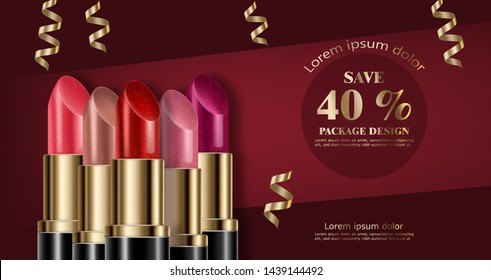 Lipstick sets mock up Vector realistic. 3D illustration advertising poster promoting makeup premium products. Package design. Color sample
