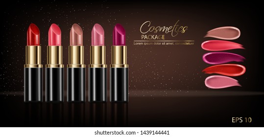 Lipstick sets with smear Vector realistic. 3D mock up advertising poster promoting makeup premium products. Package design. Color sample