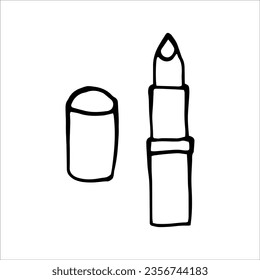 Lipstick, silhouette. Vector black and white hand-drawn doodles. Isolated object on a white background. Clipart, template, sketch, logo, icon.