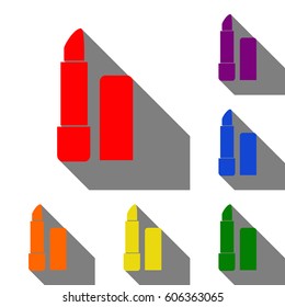 lipstick simple sign. Set of red, orange, yellow, green, blue and violet icons at white background with flat shadow.