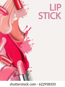 Lipstick and smears lipstick. Beauty and cosmetics background. Use for advertising flyer, banner, leaflet. Template Vector.