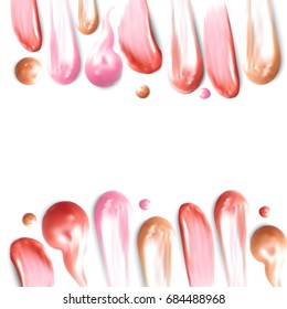 Lipstick smears border isolated on white. Beauty and cosmetics background. Pink lip gloss strokes.