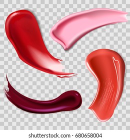 Lipstick smears isolated on transparent checkered background. Vector illustration.