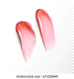 Lipstick smears on transparent background. Beauty and cosmetics background. Pink lip gloss strokes.