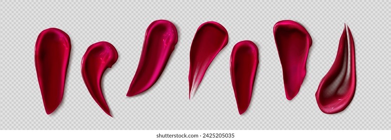 Lippenstiftabstriche auf transparentem Hintergrund isoliert. Vektor realistische Illustration von roten und rosa Lipgloss Flecken, flüssige Farbprobe, bunte cremige Substanz Schlaganfall, Make-up Produkt