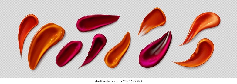 Conjunto de manchas de lápiz labial aislado sobre fondo transparente. Vector ilustración realista de manchas de brillo labial rojo y naranja, muestra de pintura líquida, trazo de sustancia cremosa colorida, producto de maquillaje