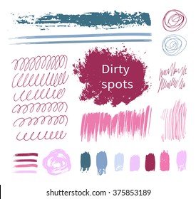 Lipstick Smudge, Dirty Spots. Vector Illustration, The Collection Of Smudges, Smear, Blots, Spray, Brush, Line, Flourish, Blot, Doodle. Set Of  Elements Drawn Ink Paint, Hand Drawing. Circular Spots.