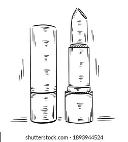 Lipstick staying with product package. Vector hand drawn black sketch fashion illustration isolated on white background