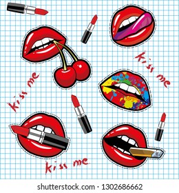 Lipstick stickers on the background of the notebook sheet  in the cell
