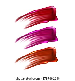 Lipstick Stroke Face Cosmetics Makeup Set Vector. Collection Of Different Color Facial Visage Lipstick Smears, Lips Cosmetology Product. Organic Substance Realistic Illustrations