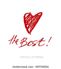 lipstick style heart and lettering. hand drawn red words. charcoal write note.  love message vector illustration