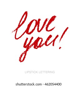 lipstick style script: love you. hand drawn red words. charcoal write note.  love message vector illustration