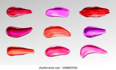 Lipstick swatches, smears of liquid lip gloss for makeup palette isolated on transparent background. Vector realistic mockup of bright red, rose and pink smudges of female cosmetic