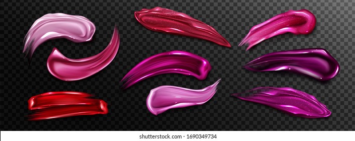 Lipstick swatches, smudges of liquid gloss for makeup palette isolated on transparent background. Vector realistic mockup of bright red, rose and pink smears of female cosmetic