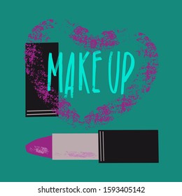 Lipstick with texture effect and lettering with words make up in in a heart shape. Beauty collection. Woman make up stuff. Beauty days poster. Flat vector illustration. Fashion banner.