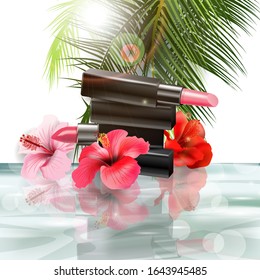 Lipstick with tropical hibiscus flowers on a background of tropical leaves. The concept of makeup.  Professional makeup and beauty. Beautiful makeup. 3D realistic detailed mo