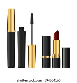 lipstick tube and blank mascara brush in black and golden tube detailes. cosmetic mock up, vector template for cosmetic products and advertising