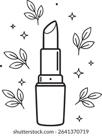 Lipstick Tube Silhouette, Black and White Line Art with Leaves and Stars