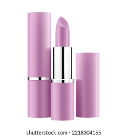 Plantilla de tubo de lápiz labial, simulación vectorial. 3d embalaje realista, abierto y cerrado con tapa. Producto cosmético decorativo para el labio hermoso. Ilustración del vector aislada en blanco