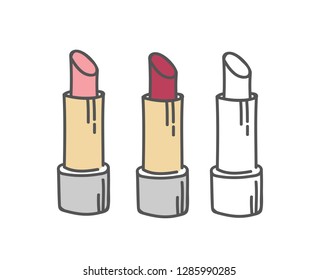Lipstick tubes set, vector illustration collection of lip make up of different colors make-up cosmetic package isolated on white.