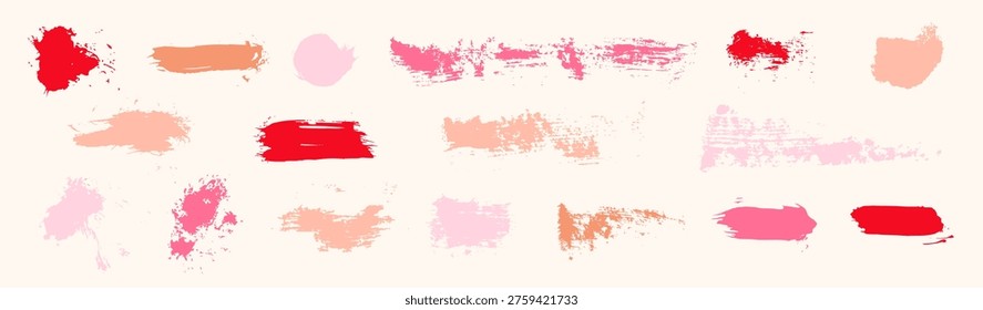 Lipstick vector makeup smudge strokes. Nude and pink paint texture set. Female fashion brushstroke scribbles. Messy dirty swatch stains, girl lipstick squiggle marks. Lady make-up swatch collection