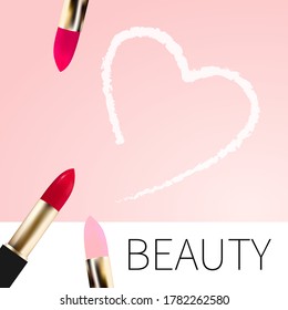 Lipstick vector pink background with heart smear. Design beauty concept.