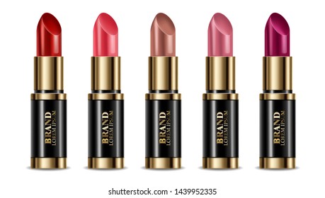 Lipstick Vector realistic. Package design. Color samples. 3D illustration advertising poster promoting makeup premium product