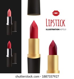 Lipstick vector set on black and white background. Shades of red makeup.